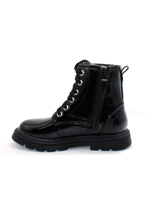 Le Petit Kids Patent Leather Military Boots Black