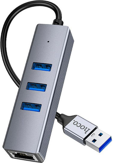 Hoco Easy Link Hb34 USB 3.0 Hub 3 Porturi cu conexiune USB-A / Ethernet Gri (HC-HB34UGR)