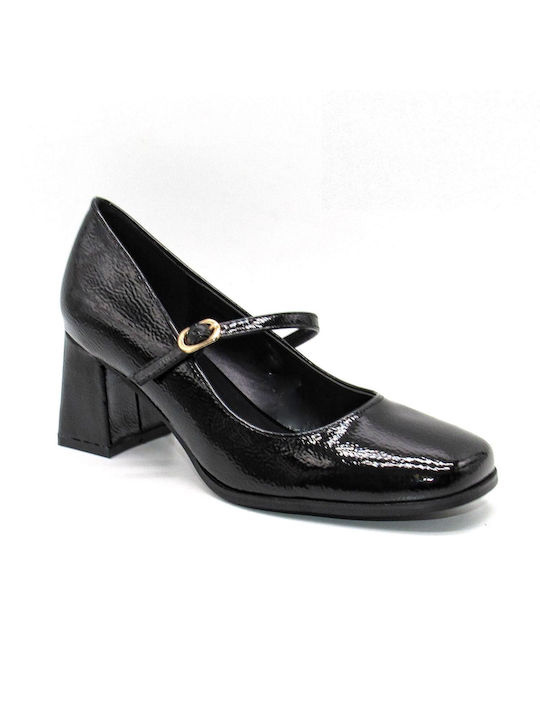 Plato Patent Leather Black Medium Heels with Strap