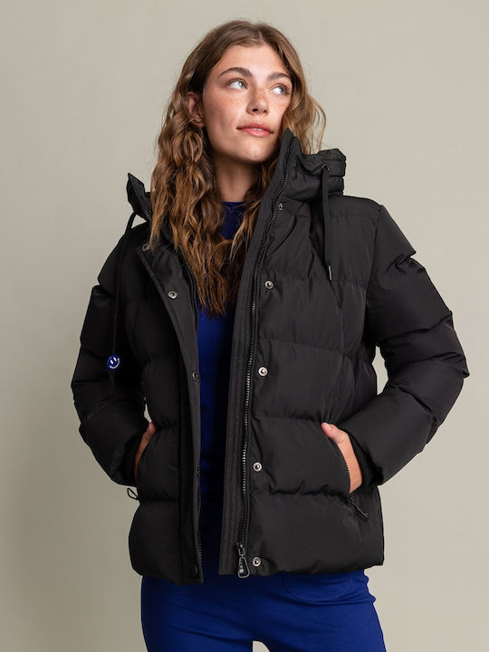 Women's Short Puffer Jacket for Winter with Hood Black