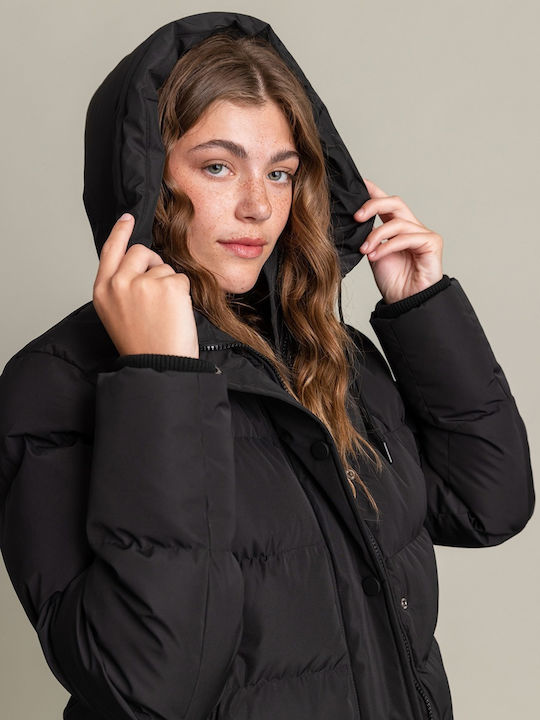Women's Short Puffer Jacket for Winter with Hood Black
