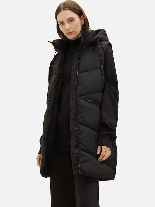 Lang Damen Ärmellos Puffer Jacke für Winter Schwarz