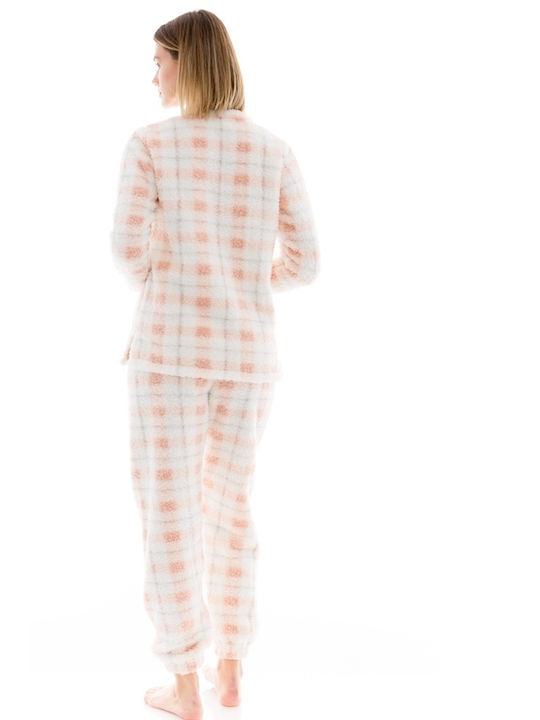 Pink Label Winter Damen Pyjama-Set Vlies Weiß
