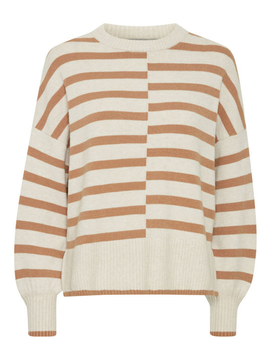 Fransa Women's Long Sleeve Sweater Striped Beige