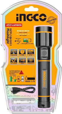 Ingco Rechargeable Flashlight LED IPX4 with Maximum Brightness 450lm