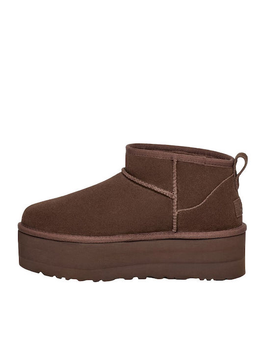 Classic Ultra Mini Platform Suede Women's Ankle Boots with Fur Chocolate Brown