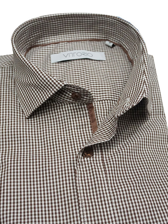 Vittorio Artist Men's Shirt Long Sleeve Cotton Checked Brown