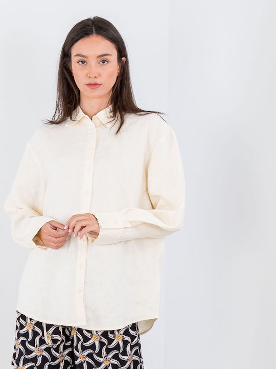 Na-Kd Oversided Linen Shirt Women's Linen Monochrome Long Sleeve Shirt Beige