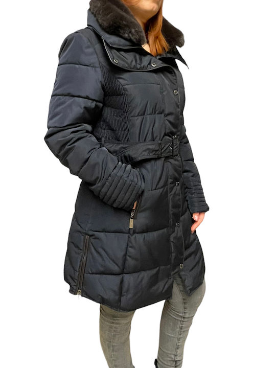 Rino&Pelle Women's Long Puffer Jacket for Winter with Hood Black