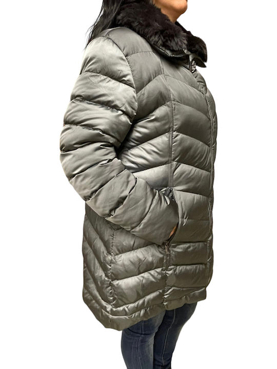 Lang Damen Parka Jacke mit pelziger Kapuze für Winter Gray