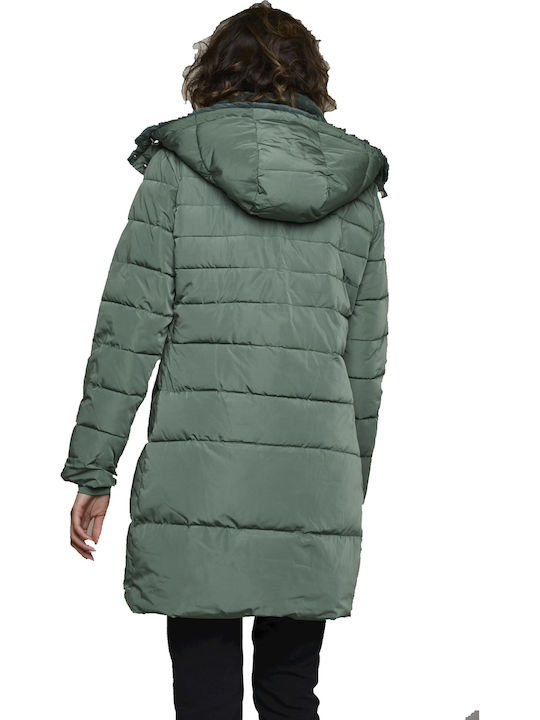 Sunday Μακρύ Γυναικείο Puffer Μπουφάν για Χειμώνα Χακί