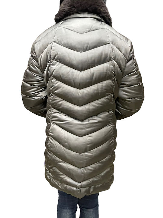 Lang Damen Parka Jacke mit pelziger Kapuze für Winter Gray