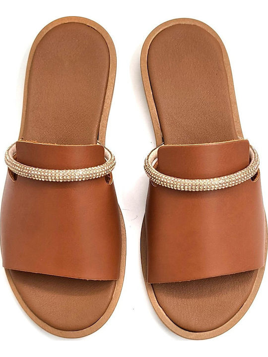 Leather Women's Flat Sandals in Tabac Brown Color