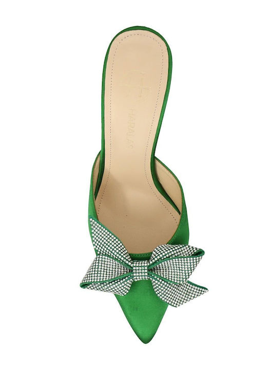 Satin Mules with Thin High Heel in Green Color