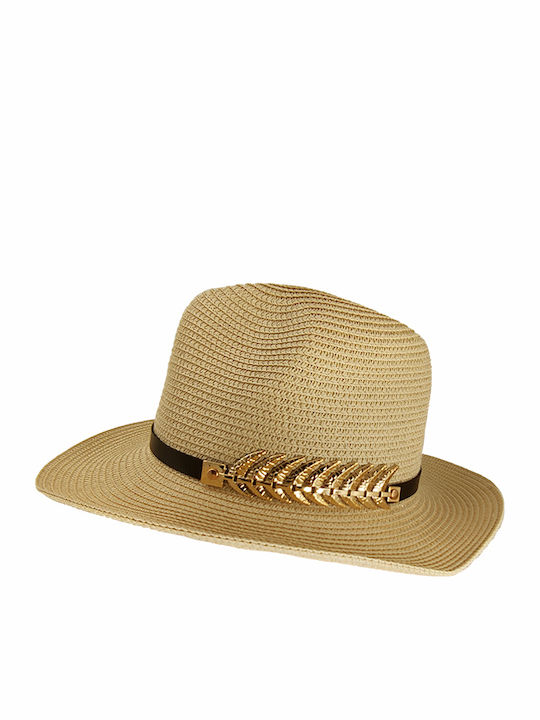 Gift-Me Unisex Ψάθινο Καπέλο Καβουράκι με λεπτομέρεια από Vegan Δέρμα & Χρυσό Ψαροκόκαλο