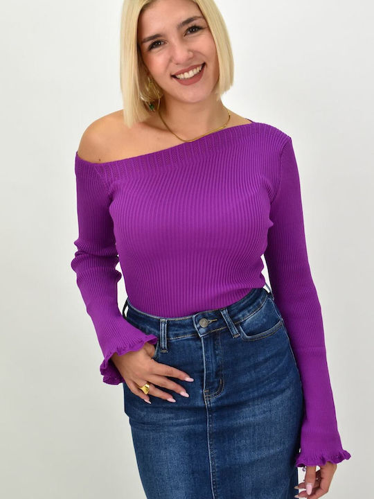 Γυναικεία Μπλούζα Off-Shoulder Μακρυμάνικη Μωβ