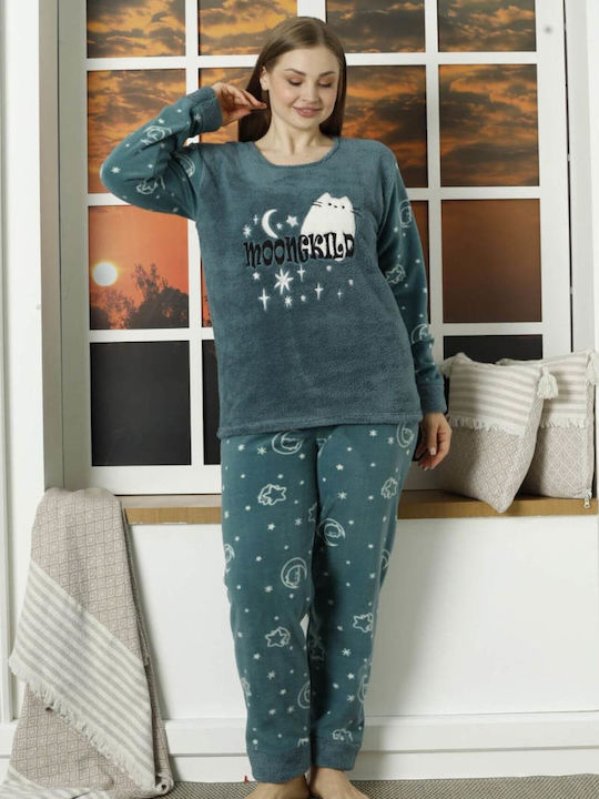 Lindros Winter Damen Pyjama-Set Baumwolle Grün