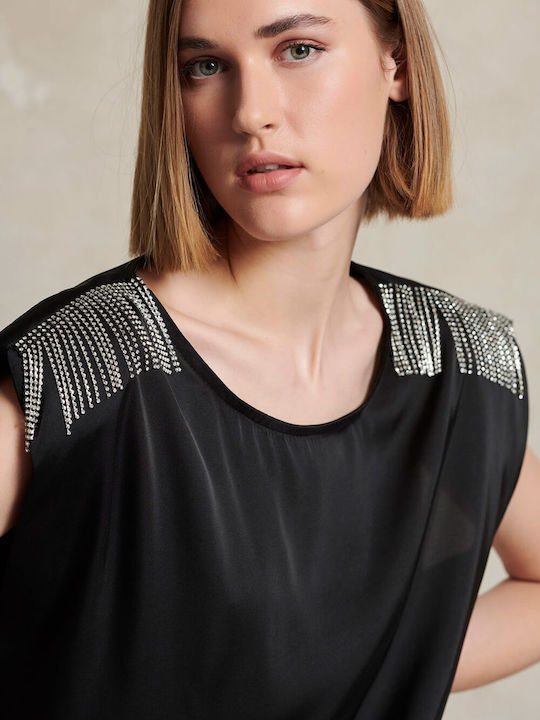 Matis Fashion Bluza de Damă de Vară de Satin Fără mâneci Neagră