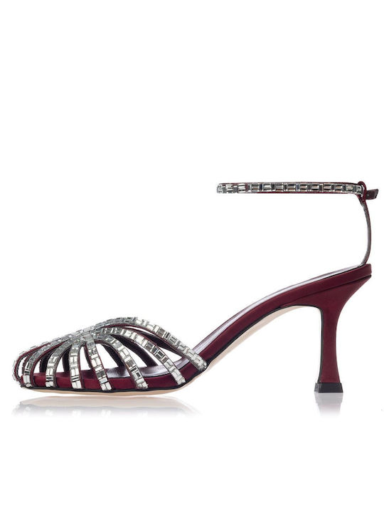 Sante Fabric Women's Sandals with Strass Burgundy with Medium Heel