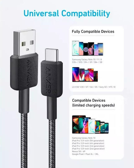 Anker 322 Braided USB 2.0 Cable USB-C Male USB-A 15W PD Black 0.9m A81H5G11