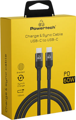 Powertech Braided USB 3.0 Cable USB-C male - USB-C 60W Black 1m (PTR-0130)