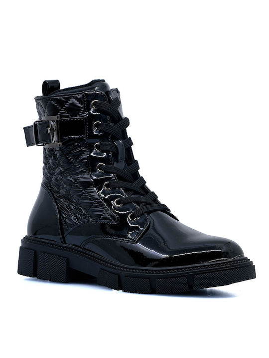 Weestep Kids Patent Leather Military Boots with Zipper Black