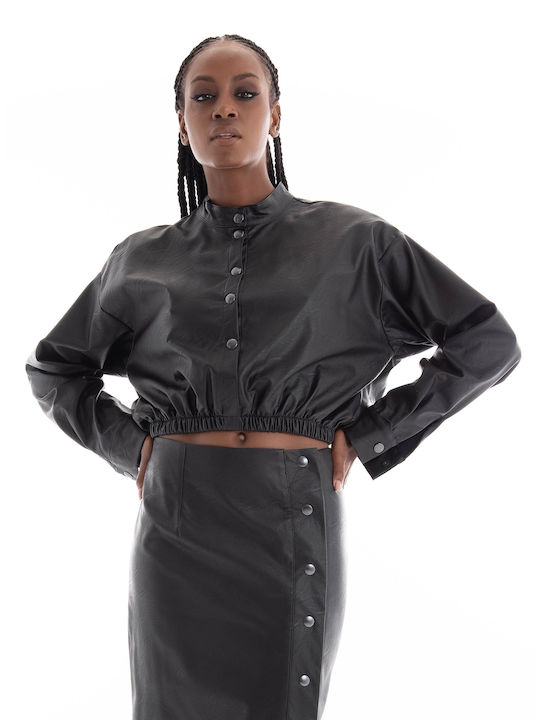 Collectiva Noir Women's Blouse Leather Long Sleeve Black