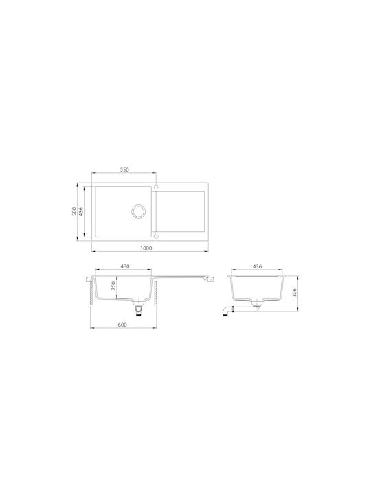 Tesa SQT103 Drop-In Küchenspüle aus Flüssigem Granit M100xB50cm Graue