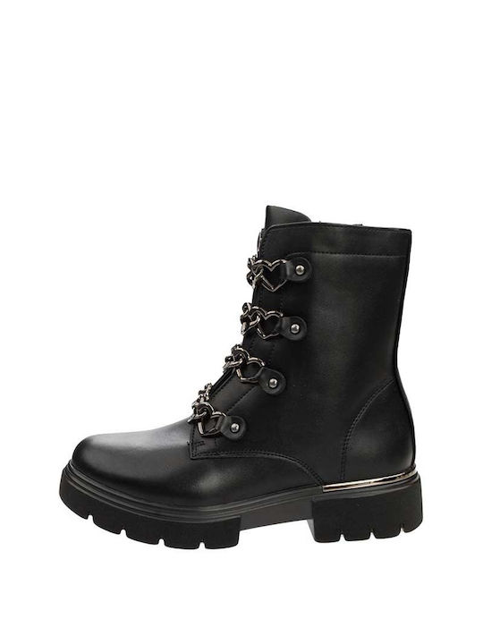 Asso Kids PU Leather Military Boots with Zipper Black