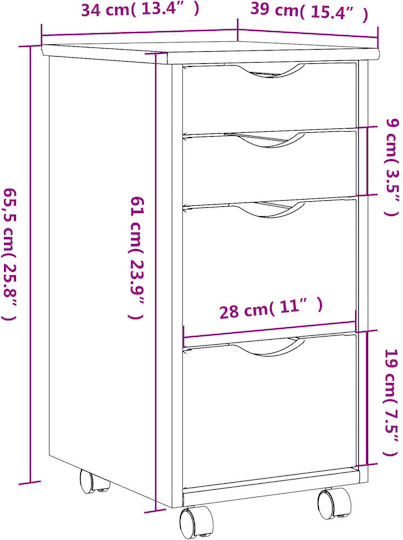 vidaXL Büroaufbewahrungsschublade aus Massivholz mit Rädern in Grau 34x39x65,5cm
