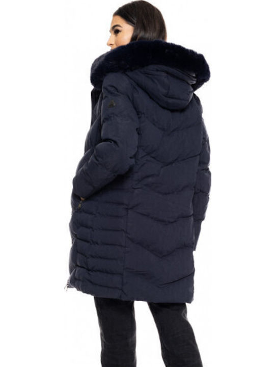 Μακρύ Γυναικείο Puffer Μπουφάν για Χειμώνα Navy Μπλε