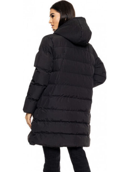 Women's Long Puffer Jacket for Winter with Hood Black