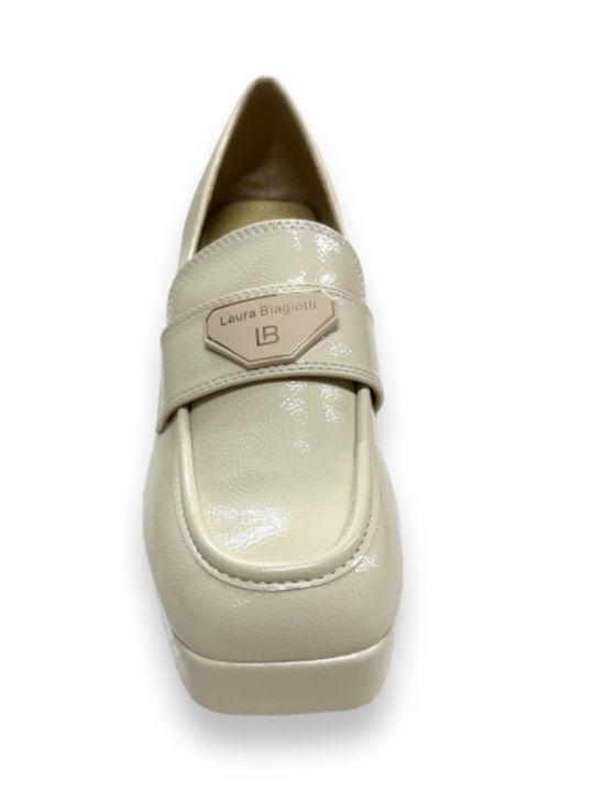 Laura Biagiotti Patent Leather Women's Loafers in Beige Color