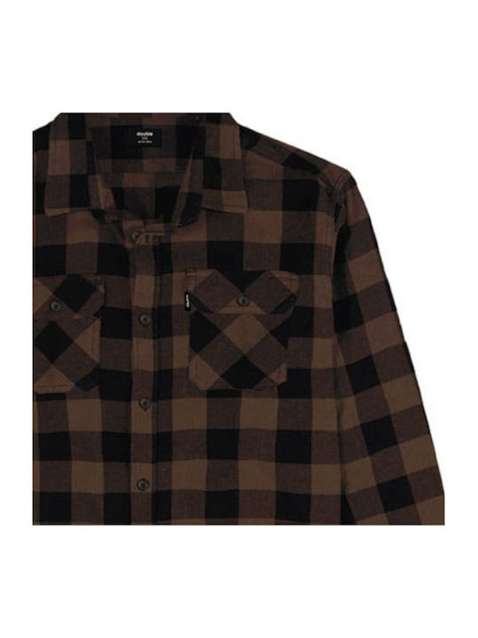 Double Men's Shirt Long Sleeve Checked Brown