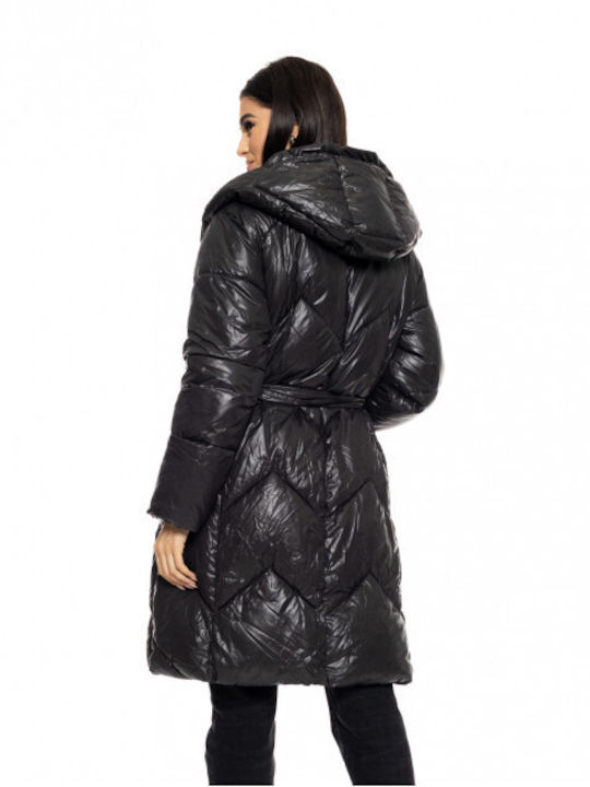 Splendid Women's Long Puffer Jacket for Winter with Hood Black