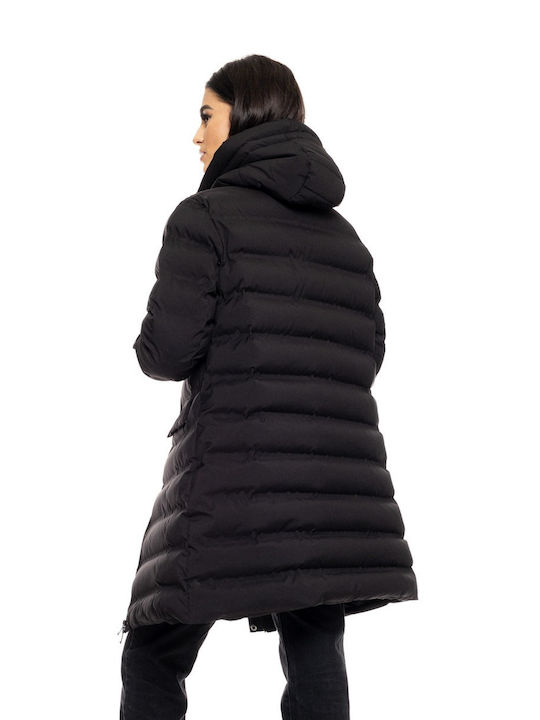 Splendid Women's Long Puffer Jacket for Winter with Hood Black