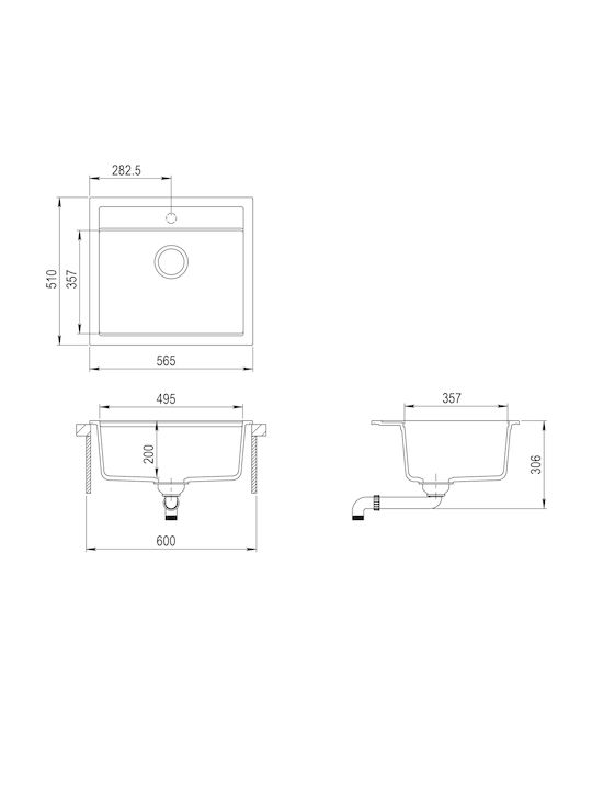 Quadro SQQ100 Drop-In Кухненска Мивка от Течен Гранит Дължина 56см Ширина 51см Черна