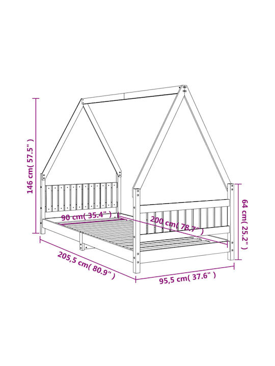 Pat pentru Copii Single Alb pentru Saltea 90x200cm