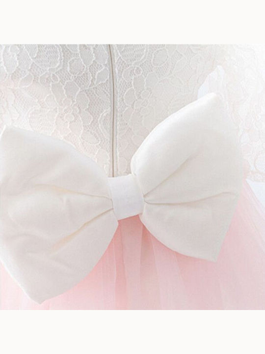Pugi Pink Baptism Clothes Set with Dress & Hair Accessories Made of Lace 2 Pieces