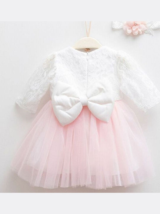 Pugi Pink Baptism Clothes Set with Dress & Hair Accessories Made of Lace 2 Pieces