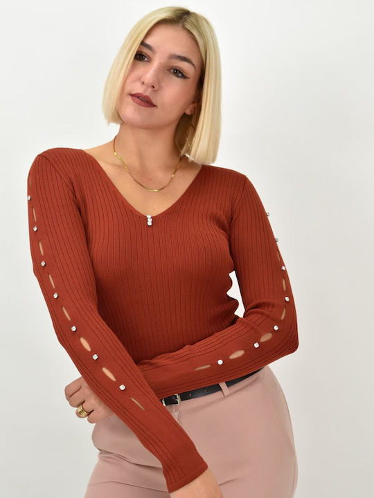 Potre Women's Long Sleeve Sweater with V Neckline Orange