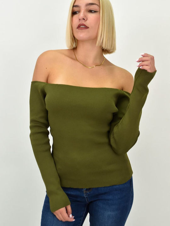 Damen Bluse Schulterfrei Langärmelig Khaki