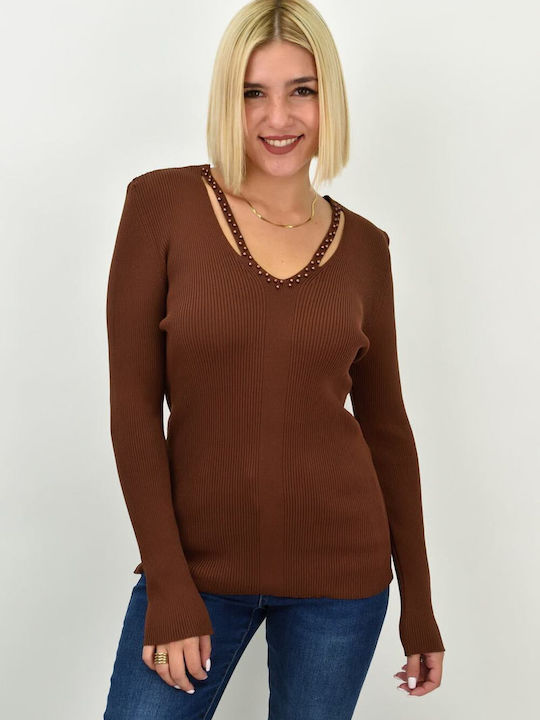 Potre Women's Crop Top Long Sleeve with V Neckline Brown