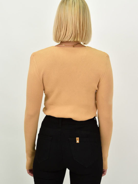 Potre Women's Crop Top Long Sleeve with V Neckline Beige