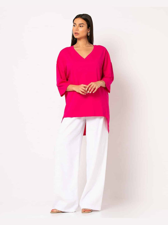 Noobass Women's T-shirt with V Neckline Fuchsia