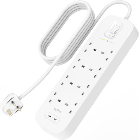Belkin Steckdosenleiste Sicherheit 8 Steckdosen mit 2 USB-C, Schalter und Kabel 2m