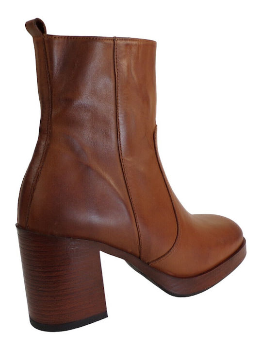 Leather Women's Ankle Boots with High Heel Tabac Brown