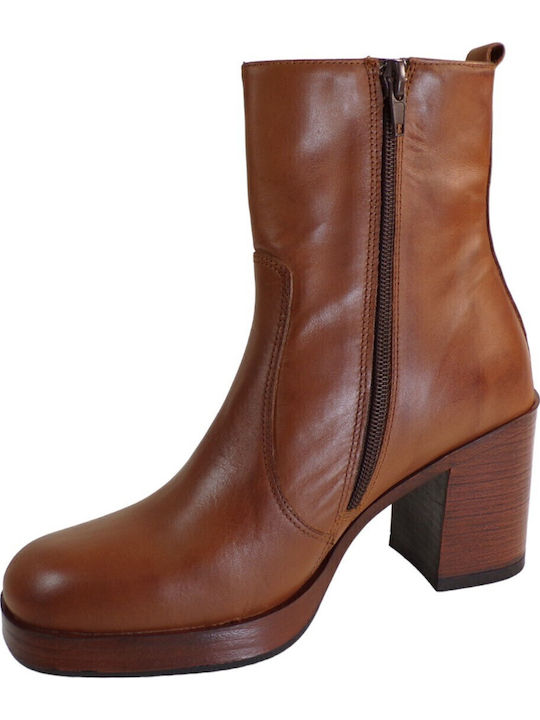 Leather Women's Ankle Boots with High Heel Tabac Brown
