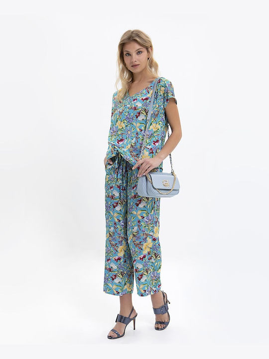 Laura Donini Damen Bluse Kurzärmelig mit V-Ausschnitt Blumen Mehrfarbig