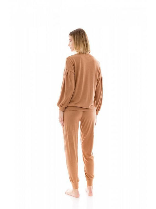 Pink Label Winter Damen Pyjama-Set Tabac Braun